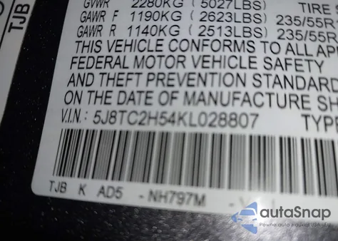 2019 Acura Rdx Technology Package z USA, uszkodzony, nr VIN 5J8TC2H54KL028807